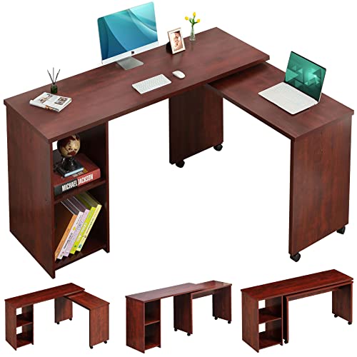 DOSLEEPS L Shaped Desk with Storage 360° Rotating Computer Desk, Modern Wood Entryway Console Table, Home Office Desk