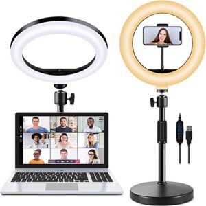 selfie ring light with stand and phone holder, 10'' dimmable desktop led circle light for laptop,computer, lighting kit gifts for live streaming/laptop video conference/chat/makeup/youtube/tiktok/vlog