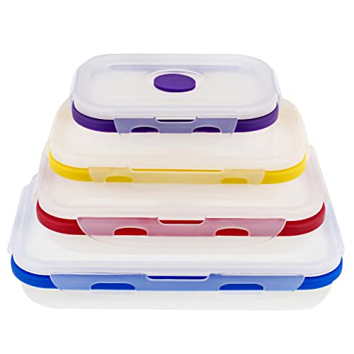 Potted Pans Collapsible Containers with Lids - 4pc Clear Food Silicone Storage Containers with Colorful Venting Lids