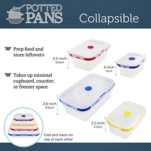 Potted Pans Collapsible Containers with Lids - 4pc Clear Food Silicone Storage Containers with Colorful Venting Lids