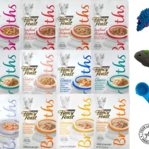 Fancy Feast Broths for Cats Variety Pack Bundle / 12 Pouches Total /2 Cat Nip Mouse Toys & Your Lifestyle Merchant Measuring Spoon