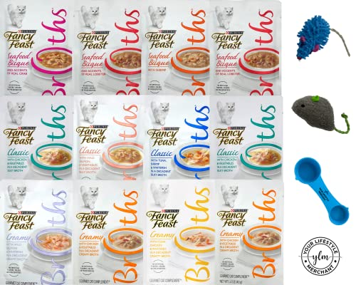 Fancy Feast Broths for Cats Variety Pack Bundle / 12 Pouches Total /2 Cat Nip Mouse Toys & Your Lifestyle Merchant Measuring Spoon