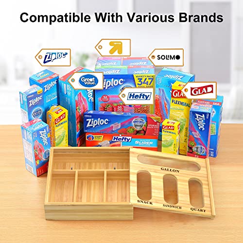MeetGreat Bag Storage Organizer for Kitchen Drawer, Bamboo Ziplock Bag Dispenser, Storage Bag Holders, Compatible with Gallon, Quart, Sandwich and Snack Variety Size Bag (1 Box 4 Slots)