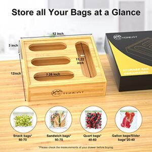 MeetGreat Bag Storage Organizer for Kitchen Drawer, Bamboo Ziplock Bag Dispenser, Storage Bag Holders, Compatible with Gallon, Quart, Sandwich and Snack Variety Size Bag (1 Box 4 Slots)