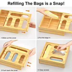 MeetGreat Bag Storage Organizer for Kitchen Drawer, Bamboo Ziplock Bag Dispenser, Storage Bag Holders, Compatible with Gallon, Quart, Sandwich and Snack Variety Size Bag (1 Box 4 Slots)