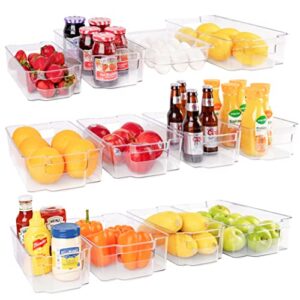 refrigerator organizer bins - clear plastic, stackable, narrow and wide bin sizes, egg tray with lid. great storage for fridge, cabinets, countertops and pantry. (set of 12)
