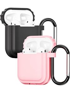 eralierk [2 pack] airpods silicone protective case cover, with keychain compatible with apple airpods 2nd & 1st generation, front led visible (black/pink)