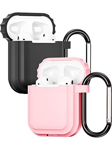 Eralierk [2 Pack] AirPods Silicone Protective Case Cover, with Keychain Compatible with Apple AirPods 2nd & 1st Generation, Front LED Visible (Black/Pink)