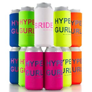 hype gurl bachelorette party skinny can sleeves 11 pack - insulated neoprene drink holders, fit slim spiked hard seltzer beer cans bridal shower decorations supplies favors - neon