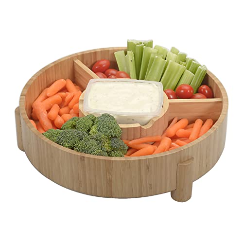 MobileVision Bamboo Serving Platter for Entertaining, Four Compartments & Easy Carrying Design, Chips, Fruits, Vegetables, Dips, Nuts, Bread and more