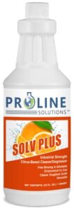 proline solutions solve plus- 96.8% pure d-limonene. bio-degradable solvent, cleaner, degreaser, carpet cleaner and much more!