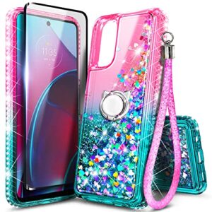 nznd compatible with motorola moto g stylus 5g (2022) case with tempered glass screen protector (maximum coverage), ring holder/wrist strap, glitter liquid floating waterfall cute case (pink/aqua)