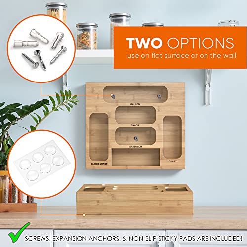 KITCHEND 6 in 1 Bamboo Ziplock Bag Organizer for Drawer - Durable & Strong Storage Bag Organizer - Zip Lock Bag Organizer with Screws & Anti-Skid Pads - Storage Organizer for Quart & Sandwich Bags