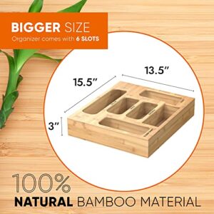 KITCHEND 6 in 1 Bamboo Ziplock Bag Organizer for Drawer - Durable & Strong Storage Bag Organizer - Zip Lock Bag Organizer with Screws & Anti-Skid Pads - Storage Organizer for Quart & Sandwich Bags