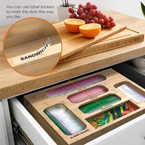 KITCHEND 6 in 1 Bamboo Ziplock Bag Organizer for Drawer - Durable & Strong Storage Bag Organizer - Zip Lock Bag Organizer with Screws & Anti-Skid Pads - Storage Organizer for Quart & Sandwich Bags