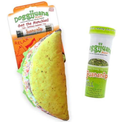 Doggijuana | Dog Toy and Juananip Refill Bundle | Includes Refillable Catnip Toy & Organic Catnip Refill | Naturally Calming (Taco Bundle)