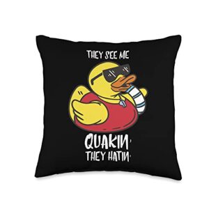 funny rubber ducky rubber duck lover rubber see me quakin' cool yellow duck lover quack throw pillow, 16x16, multicolor