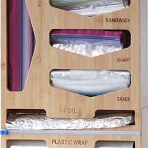 Foil And Plastic Wrap Organizer With Cutter & Ziplock Bag Storage, Baggie Food Holders For Sandwich, Snack Gallon, Quart Bag, Bamboo Aluminum Dispenser Labels, 43*33*7