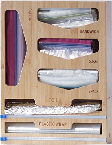 Foil And Plastic Wrap Organizer With Cutter & Ziplock Bag Storage, Baggie Food Holders For Sandwich, Snack Gallon, Quart Bag, Bamboo Aluminum Dispenser Labels, 43*33*7