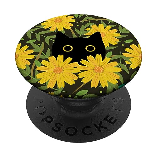 Cute Sunflower Pattern Floral Aesthetic Black Cat Sage Green PopSockets Standard PopGrip