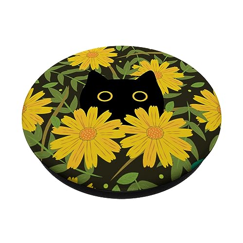 Cute Sunflower Pattern Floral Aesthetic Black Cat Sage Green PopSockets Standard PopGrip