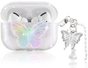 aiiko airpods pro case cover, ipod pro case with butterfly keychain clear glitter soft tpu ipod pro earbuds case for women girl shockproof protective case for apple airpod pro(2019)