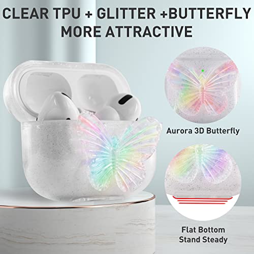 Aiiko AirPods Pro Case Cover, iPod Pro Case with Butterfly Keychain Clear Glitter Soft TPU iPod Pro Earbuds Case for Women Girl Shockproof Protective Case for Apple Airpod Pro(2019)