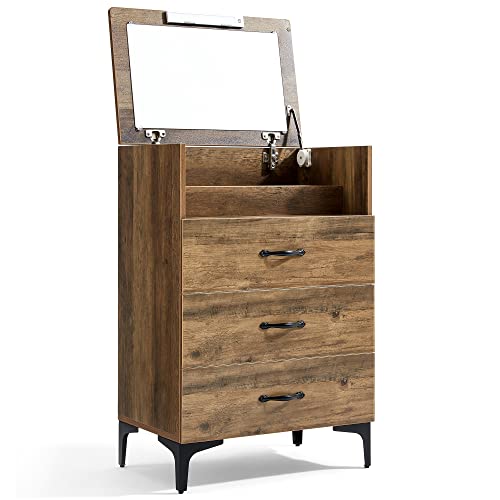 LINSY HOME Dresser with Mirror, Chests of Drawers with Antique Handles Wood Dresser with 3 Drawers, Storage Drawer with Makeup Organizer & Anti-Tipping Device, Oak Brown