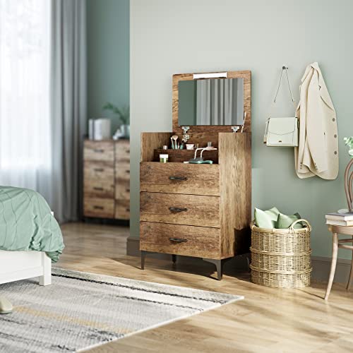 LINSY HOME Dresser with Mirror, Chests of Drawers with Antique Handles Wood Dresser with 3 Drawers, Storage Drawer with Makeup Organizer & Anti-Tipping Device, Oak Brown