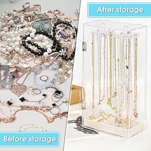 boailydi Acrylic Necklace Holder, Necklace Organizer, Rotatable Clear Jewelry Organizer Display Case for Long Necklaces Pendant Bracelets, Jewelry Holder with Beige Velvet Tray for Rings Earrings