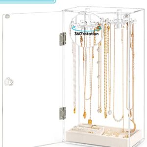 boailydi Acrylic Necklace Holder, Necklace Organizer, Rotatable Clear Jewelry Organizer Display Case for Long Necklaces Pendant Bracelets, Jewelry Holder with Beige Velvet Tray for Rings Earrings