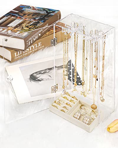 boailydi Acrylic Necklace Holder, Necklace Organizer, Rotatable Clear Jewelry Organizer Display Case for Long Necklaces Pendant Bracelets, Jewelry Holder with Beige Velvet Tray for Rings Earrings