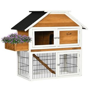 pawhut rabbit hutch outdoor for 2 rabbits, wooden rabbit cage with flower bed, removable tray, ramp