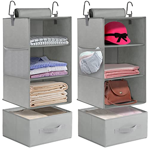 Hanging Closet Organizer, 2 Pack Hanging Closet Shelves w/ Drawers, 3-Shelf Foldable Hanging Organizer by 2 Hanging Ways for Closet Wardrobe Rv Dorm Bedroom Nursery Storage, 22.8x11x11in (Gray)