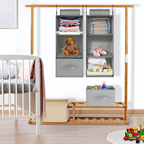 Hanging Closet Organizer, 2 Pack Hanging Closet Shelves w/ Drawers, 3-Shelf Foldable Hanging Organizer by 2 Hanging Ways for Closet Wardrobe Rv Dorm Bedroom Nursery Storage, 22.8x11x11in (Gray)