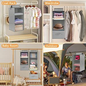 Hanging Closet Organizer, 2 Pack Hanging Closet Shelves w/ Drawers, 3-Shelf Foldable Hanging Organizer by 2 Hanging Ways for Closet Wardrobe Rv Dorm Bedroom Nursery Storage, 22.8x11x11in (Gray)