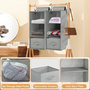 Hanging Closet Organizer, 2 Pack Hanging Closet Shelves w/ Drawers, 3-Shelf Foldable Hanging Organizer by 2 Hanging Ways for Closet Wardrobe Rv Dorm Bedroom Nursery Storage, 22.8x11x11in (Gray)