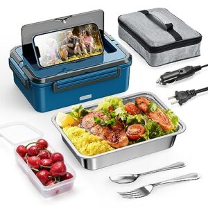phiprime electric lunch box 80w fast heating, 61oz x-large heated lunch box for adults with salad box, fork & spoon, 2 leak-proof lids, dishwasher safe self heating lunch box for work