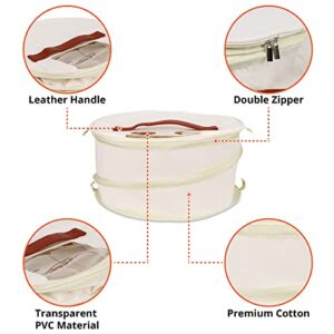 ideable creations Hat Box - Large Hat Travel Case - Collapsible cotton Hat Storage Organizer with Leather Carrying Handle - Foldable Design, Zippered Lid, Clear Window - 16x16x8 inches (ivory)