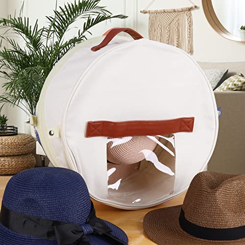 ideable creations Hat Box - Large Hat Travel Case - Collapsible cotton Hat Storage Organizer with Leather Carrying Handle - Foldable Design, Zippered Lid, Clear Window - 16x16x8 inches (ivory)