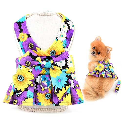 SMALLLEE_LUCKY_STORE Dog Floral Harness Dress with Leash Set,Bow Puppy Princess Dress for Small Medium Dog Cat Girls Adjustable Pet Skirt with D-Ring Female Dog Clothes Summer Apparel,Purple,M