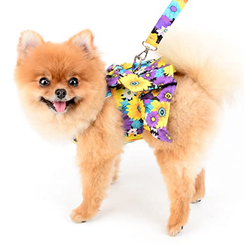 SMALLLEE_LUCKY_STORE Dog Floral Harness Dress with Leash Set,Bow Puppy Princess Dress for Small Medium Dog Cat Girls Adjustable Pet Skirt with D-Ring Female Dog Clothes Summer Apparel,Purple,M