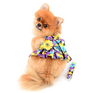 SMALLLEE_LUCKY_STORE Dog Floral Harness Dress with Leash Set,Bow Puppy Princess Dress for Small Medium Dog Cat Girls Adjustable Pet Skirt with D-Ring Female Dog Clothes Summer Apparel,Purple,M