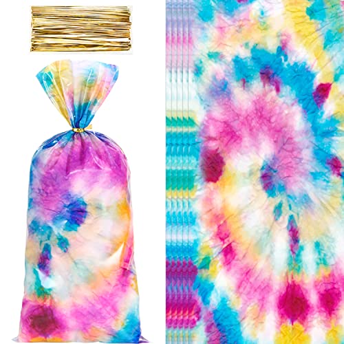 BLEWINDZ 100 Pieces Cellophane Treat Bags,11"X 5"Small Cellophane Bags, Tie-Dye Cello Gift Bags with Ties, Goodie Bags Candy Bags for Party Supplies (Rainbow)