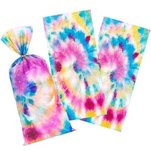 BLEWINDZ 100 Pieces Cellophane Treat Bags,11"X 5"Small Cellophane Bags, Tie-Dye Cello Gift Bags with Ties, Goodie Bags Candy Bags for Party Supplies (Rainbow)