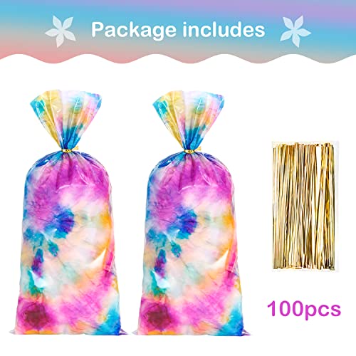 BLEWINDZ 100 Pieces Cellophane Treat Bags,11"X 5"Small Cellophane Bags, Tie-Dye Cello Gift Bags with Ties, Goodie Bags Candy Bags for Party Supplies (Rainbow)