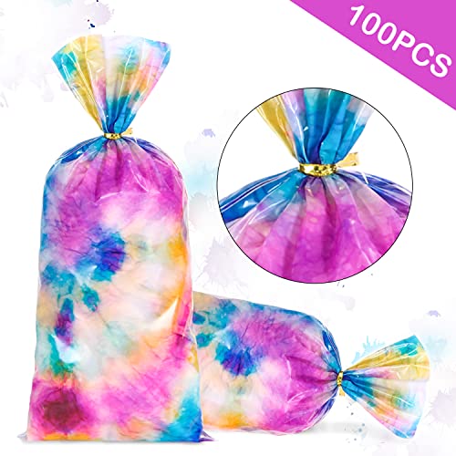 BLEWINDZ 100 Pieces Cellophane Treat Bags,11"X 5"Small Cellophane Bags, Tie-Dye Cello Gift Bags with Ties, Goodie Bags Candy Bags for Party Supplies (Rainbow)