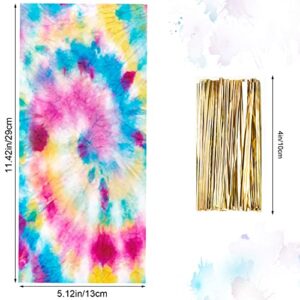 BLEWINDZ 100 Pieces Cellophane Treat Bags,11"X 5"Small Cellophane Bags, Tie-Dye Cello Gift Bags with Ties, Goodie Bags Candy Bags for Party Supplies (Rainbow)