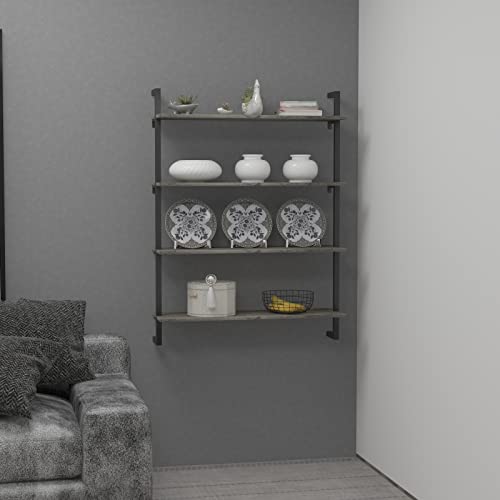 Kiimeey 4-Shelf Bookshelf Wall Mount Bookcase Floating Industrial Shelf (L35.4 Oyster Grey)