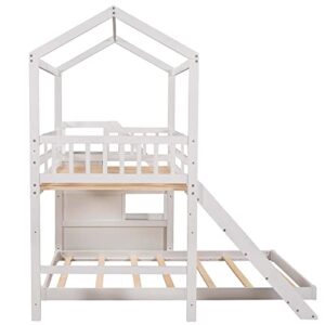 Harper & Bright Designs House Bunk Beds with Slide and Stairs Twin Over Full Bunk Bed Wood Playhouse Low Bunk Bed for Kids Girls Boys Teens, White